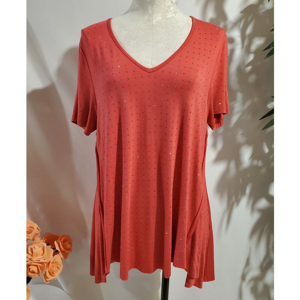 Vocal USA Studded V-Neck Hi-Low Short Sleeve Stretchy Tunic Top XL Coral Bling